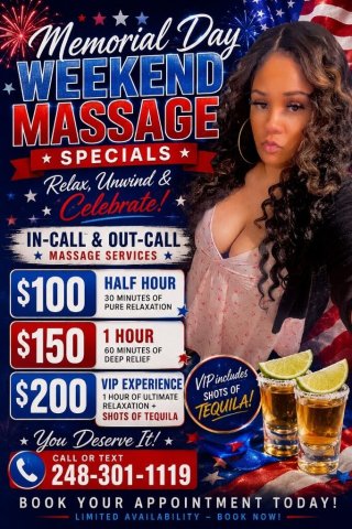 Detroit Memorial Day Weekend Massage Specials — Incall & Out-Call - 1